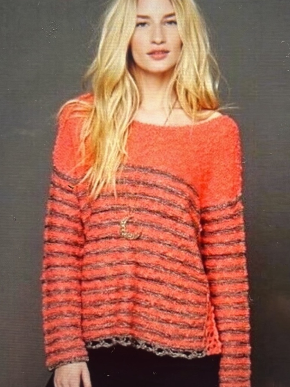 Free People Coral Gray Striped Crocheted Loose Knit Thin Sweater Top Size Medium